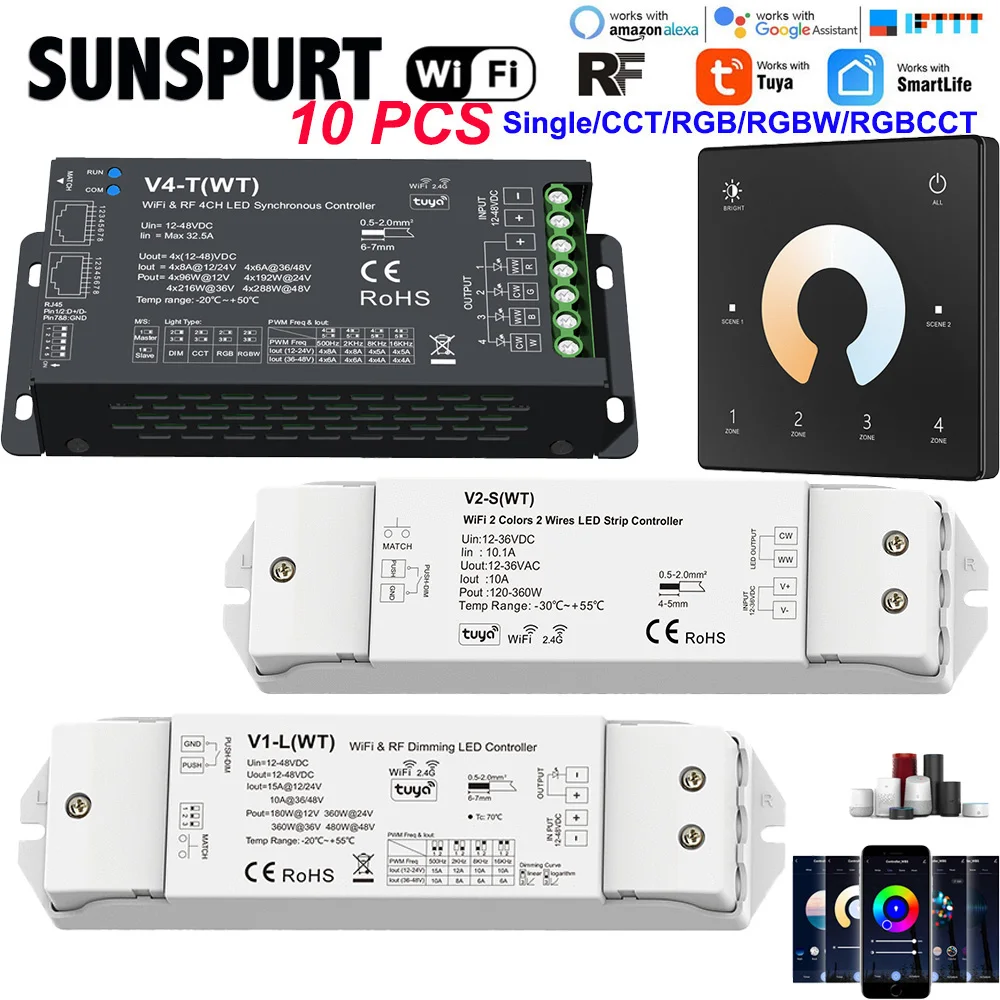 5Smart LED Controller Tuya WiFi Alexa Google Home Bluetooth Voice CCT RGB RGBW Dimmer LED Light Strip IOS Android 2.4G DC12V 24V