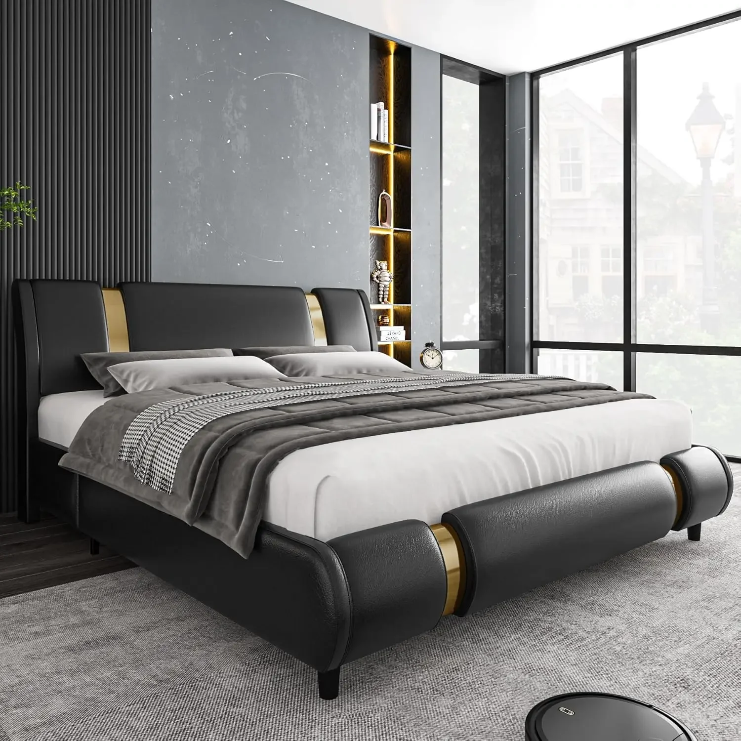 Modern Faux Leather Upholstered Platform Bed Frame with Golden Iron Metal Decor, Adjustable Curved Headboard, Wooden Slat