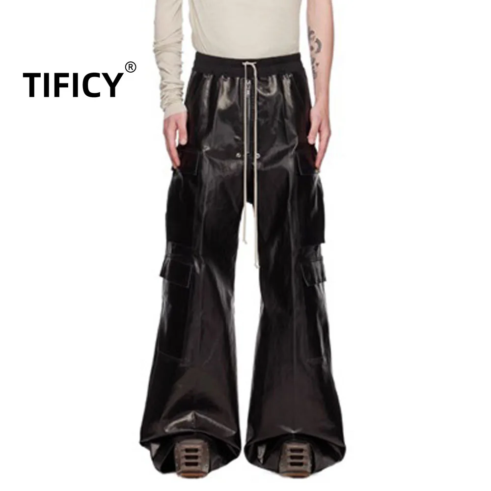 

High Street Dark RO Style Pants Matte Coated Elastic Waistband Loose and Wide Leg Floor Mopping Multi Pocket Work Pants