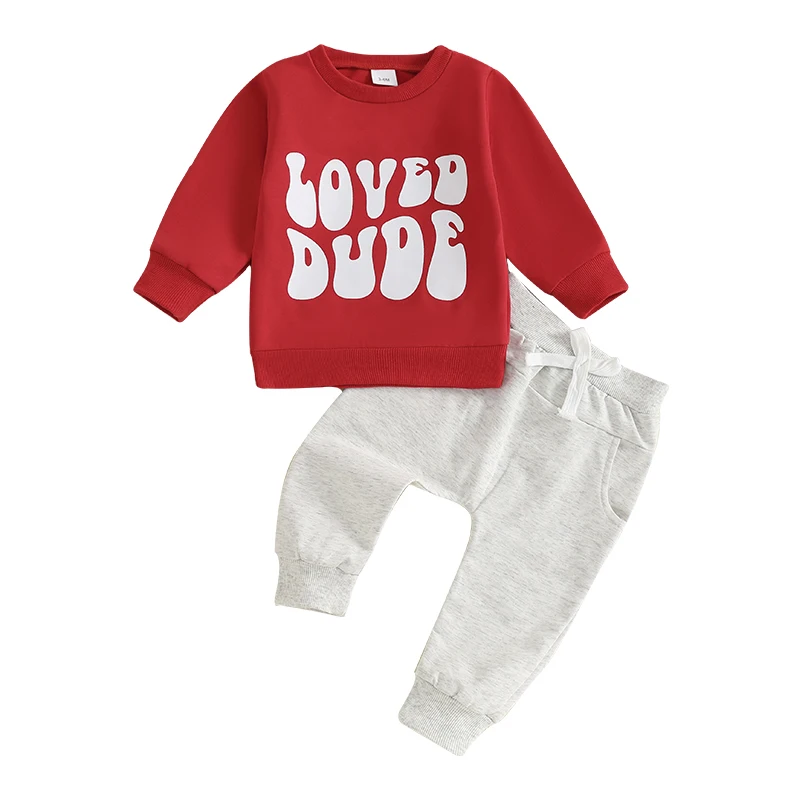 Baby 2Pcs Valentine’s Day Outfits Long Sleeve Letter Print Sweatshirt and Pants Set Spring Clothes