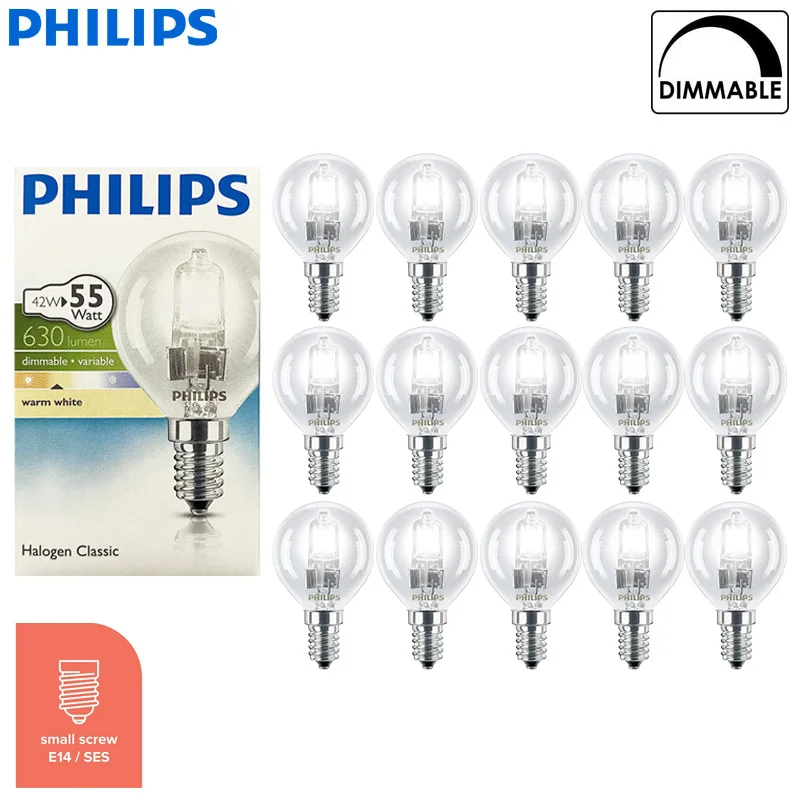 Philips 42W Golf Ball Standard Lamp E14 Edison Screw Halogen Classic P45 Eqv to 55W Dimmable White Light 220‑240V Bulb