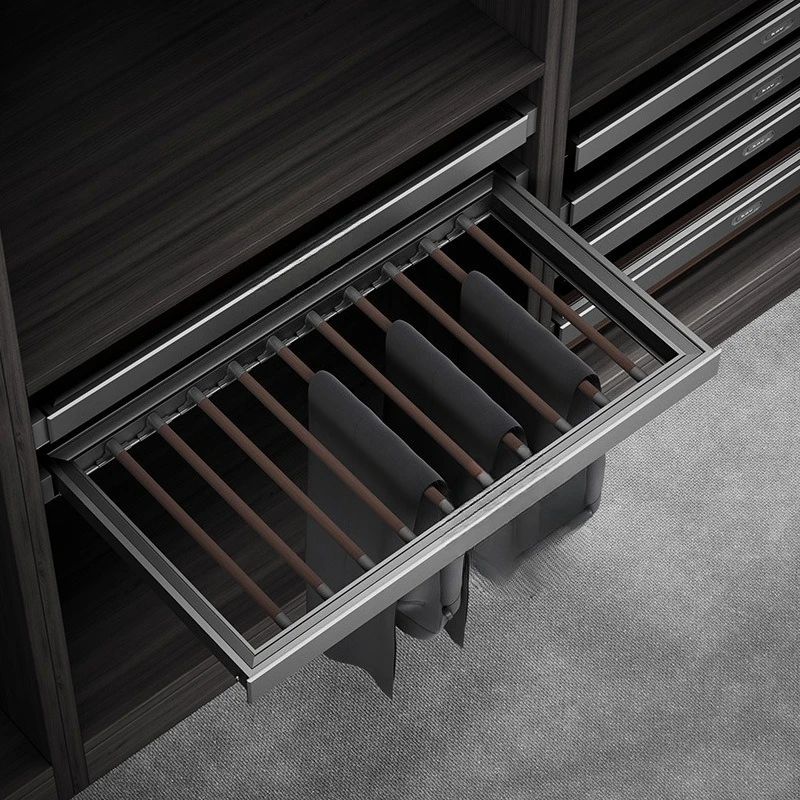 Built-in leather pants rack in wardrobe, aluminum alloy pull-out damping buffer silent pants rack