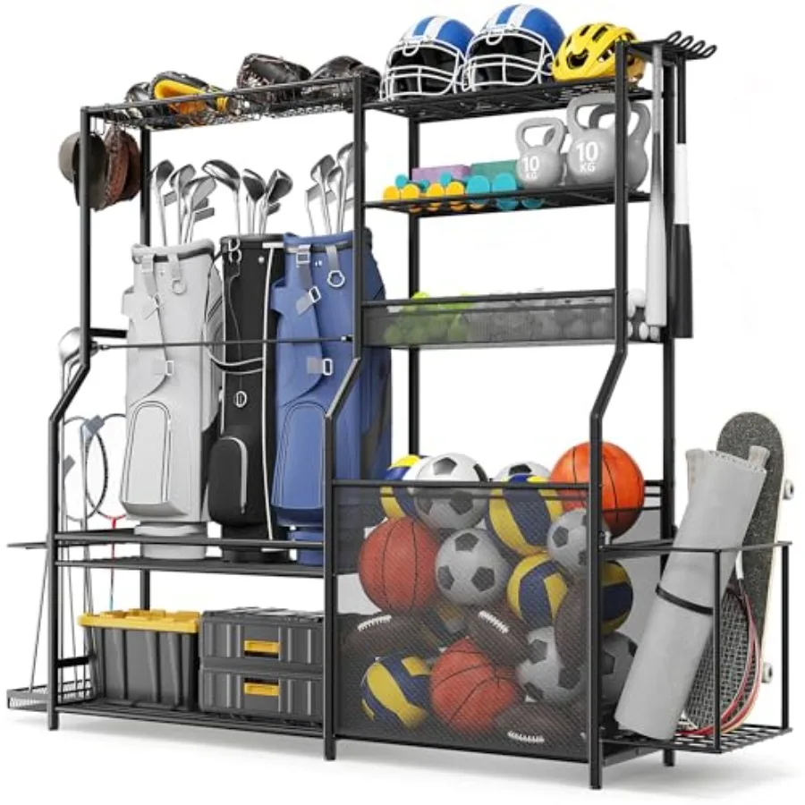 

Органайзер для спортивного инвентаря в гараж: Стойка для 3 гольф-сумок, сверхпрочная стойка для хранения мячей с корзиной и крючками для игрушек и спортивного инвентаря