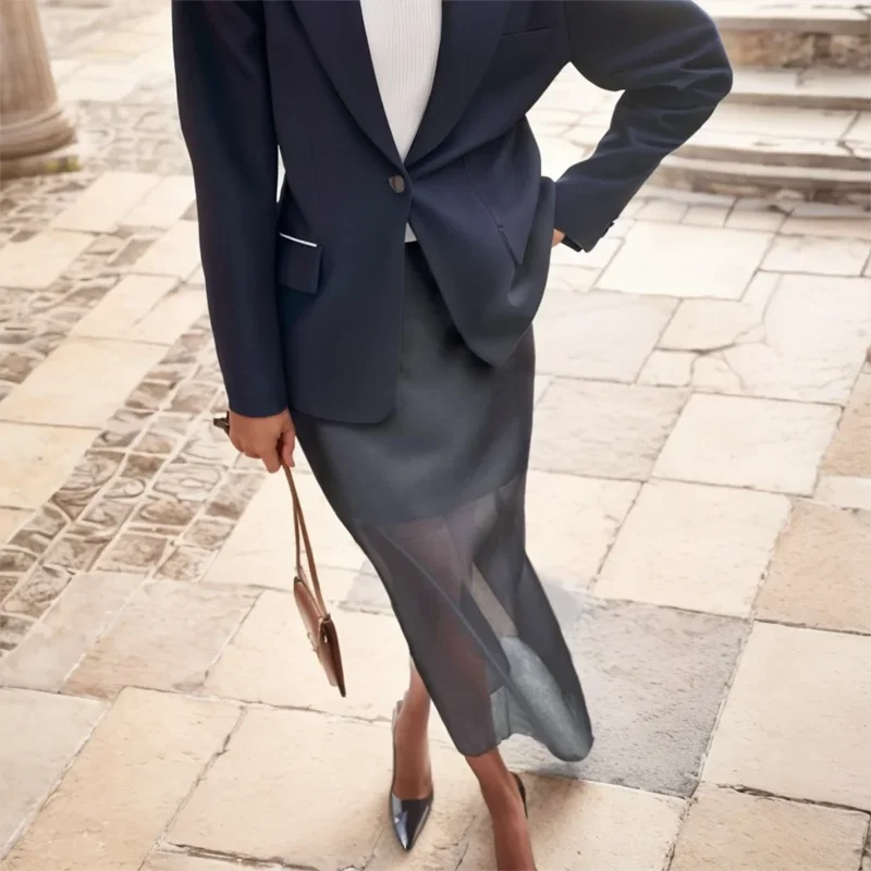 New Fashionable Versatile Black Mesh Skirt for Women Double-Layer Design Sheer High-Waisted Split Pencil Skirt