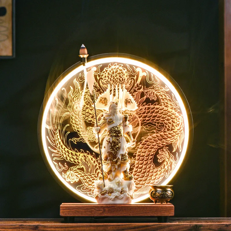 Chinese Guan Yu Statue Ivory Nut Carving Kwan Kung Figurine Dragon LED Light Ring Backflow Incense Burner Wood Base Decor