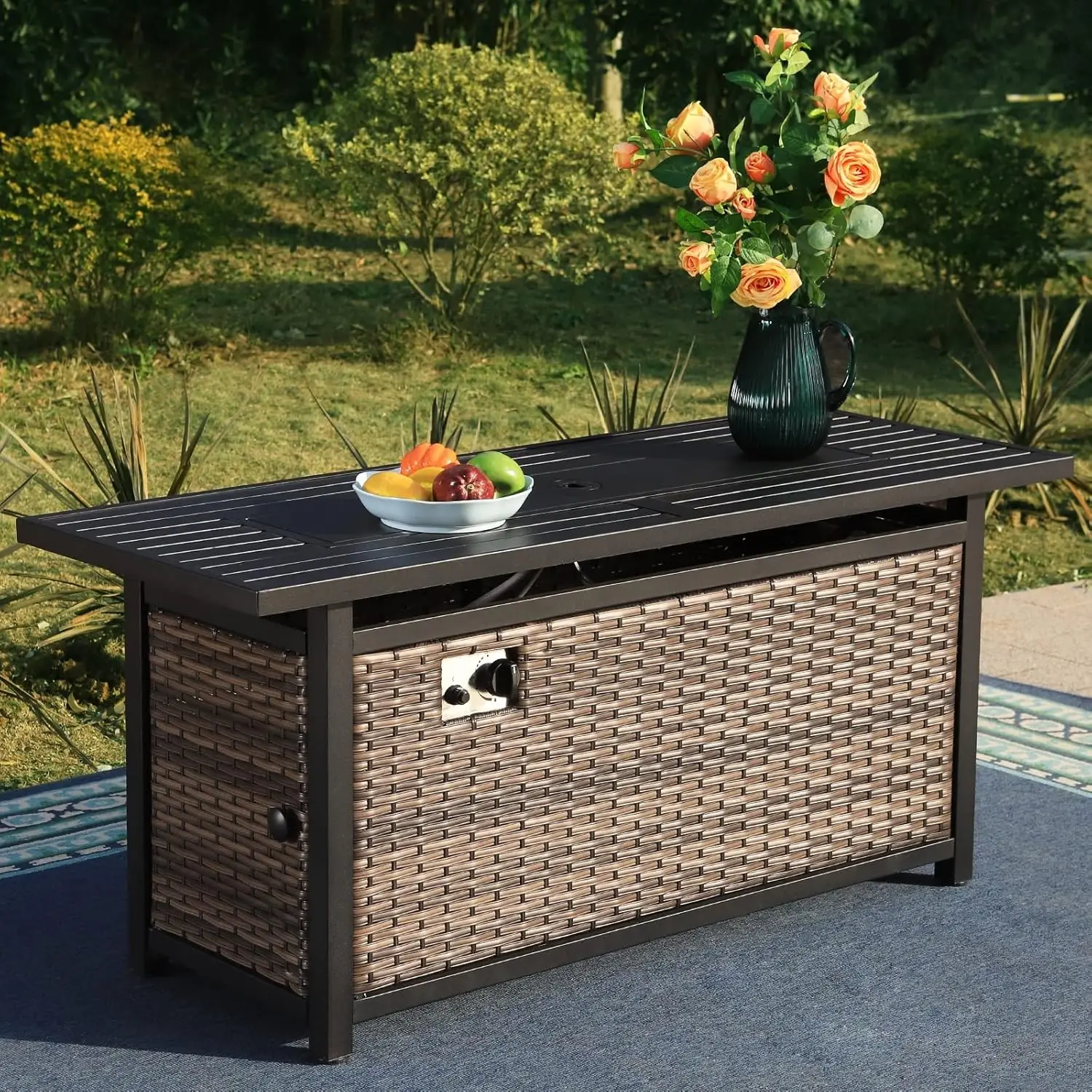 

56 Inch Gas Fire Pit Table Outdoor Rattan Propane Fire Table & Fireplace with Fire Glass, Lid,