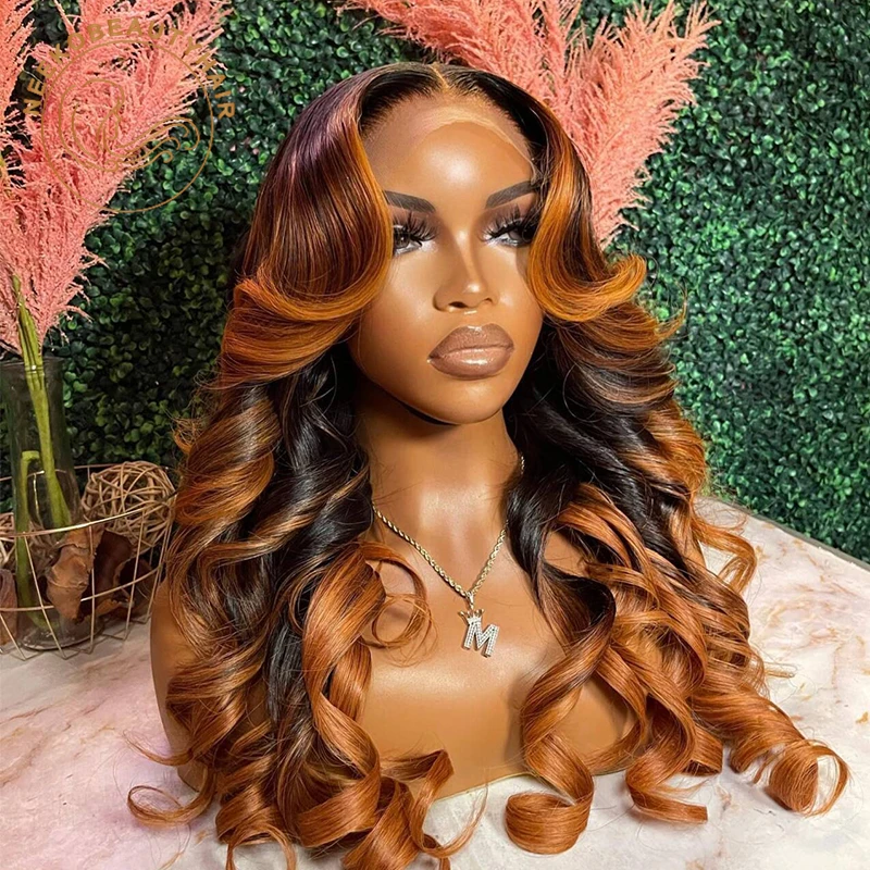 Ombre Ginger Brown Colored 13x6 Transparent Lace Frontal Wig Pre-Plucked Highlight Lace Front Human Hair Wigs For Women