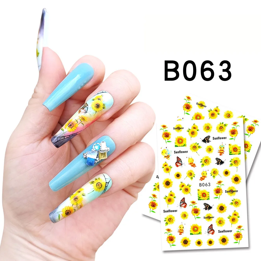 1 pçs 3d girassol adesivos de unhas auto-adesivo sol flor abelha borboleta pétalas manicure decorações da arte do prego decalques slider