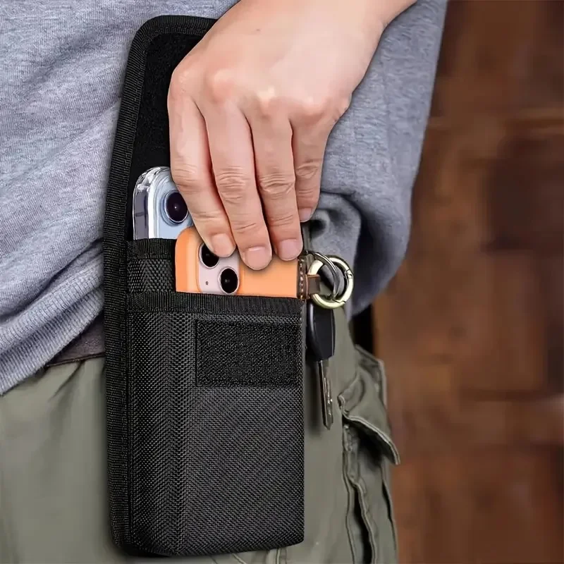 Universal Waist Phone Bag Under 7.5 Inch Nylon Dual Pocket Cell Phone Belt Pouch Case Men's Outdoor for Iphone 16 15 Samsung S23