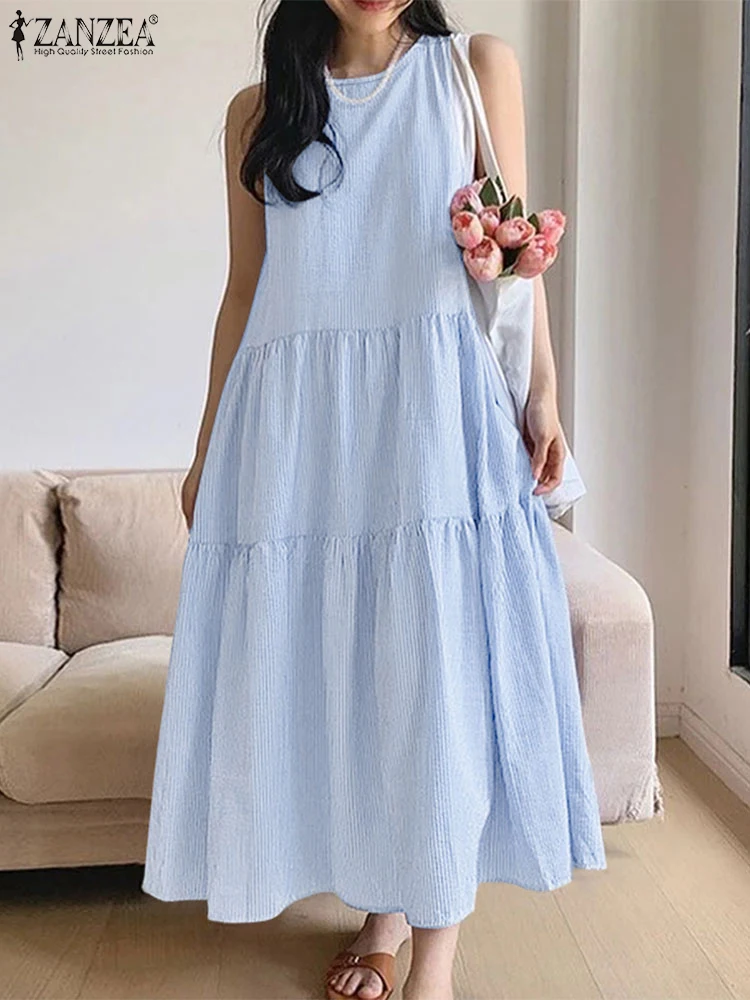 Zanzea verão feminino sem mangas listrado maxi vestido casual o pescoço solto a linha vestidos em camadas moda coreana roupas femininas