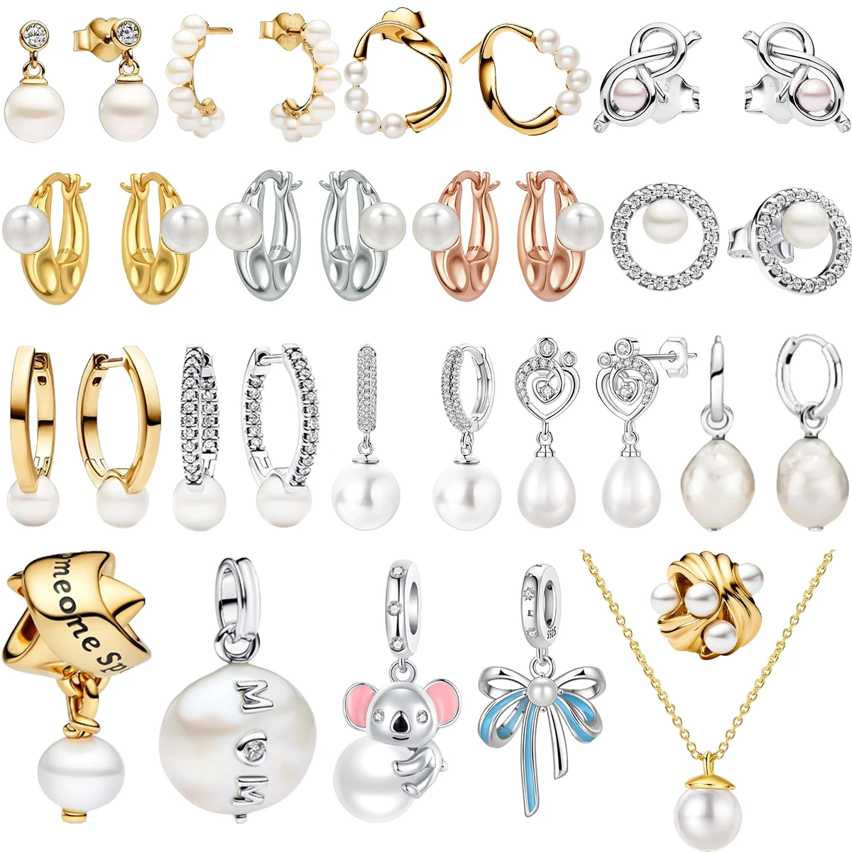 

New Original 925 Sterling Silver Pearl Set Charms Ring Heart Earrings Bead Pendant Fit Bracelet Necklace Jewelry Gift