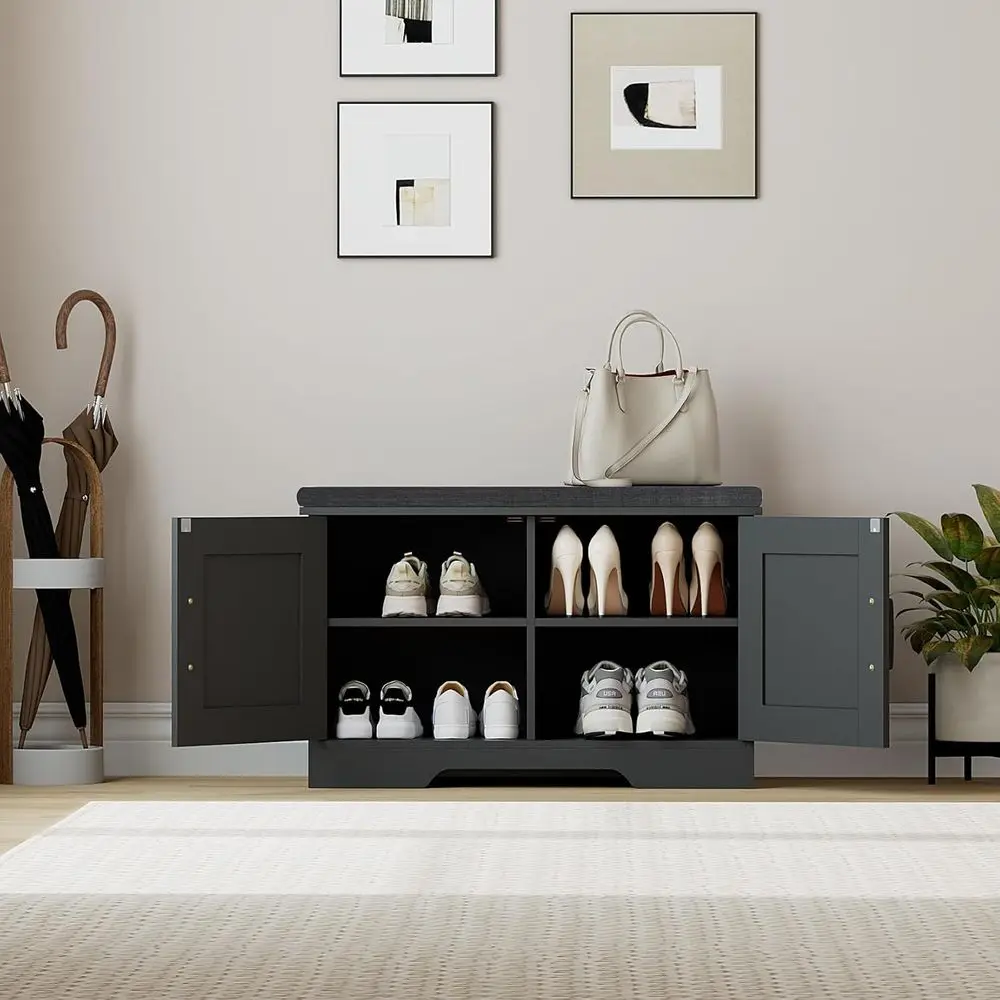 مقعد تخزين أحذية واسع مع مقعد مبطن، أثاث مدخل من طبقتين، أبواب الحظيرة، رف قابل للتعديل، أسود #4