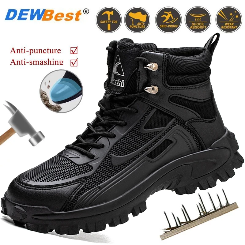 Black high-top padded anti-smash anti-puncture steel head safety shoes lightweight breathable wear-resistant work shoes