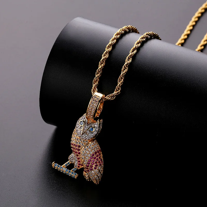 Hip Hop 3A+ CZ Stone Paved Bling Iced Out Owl Pendants Necklace for Men Rapper Jewelry Gold Silver Color