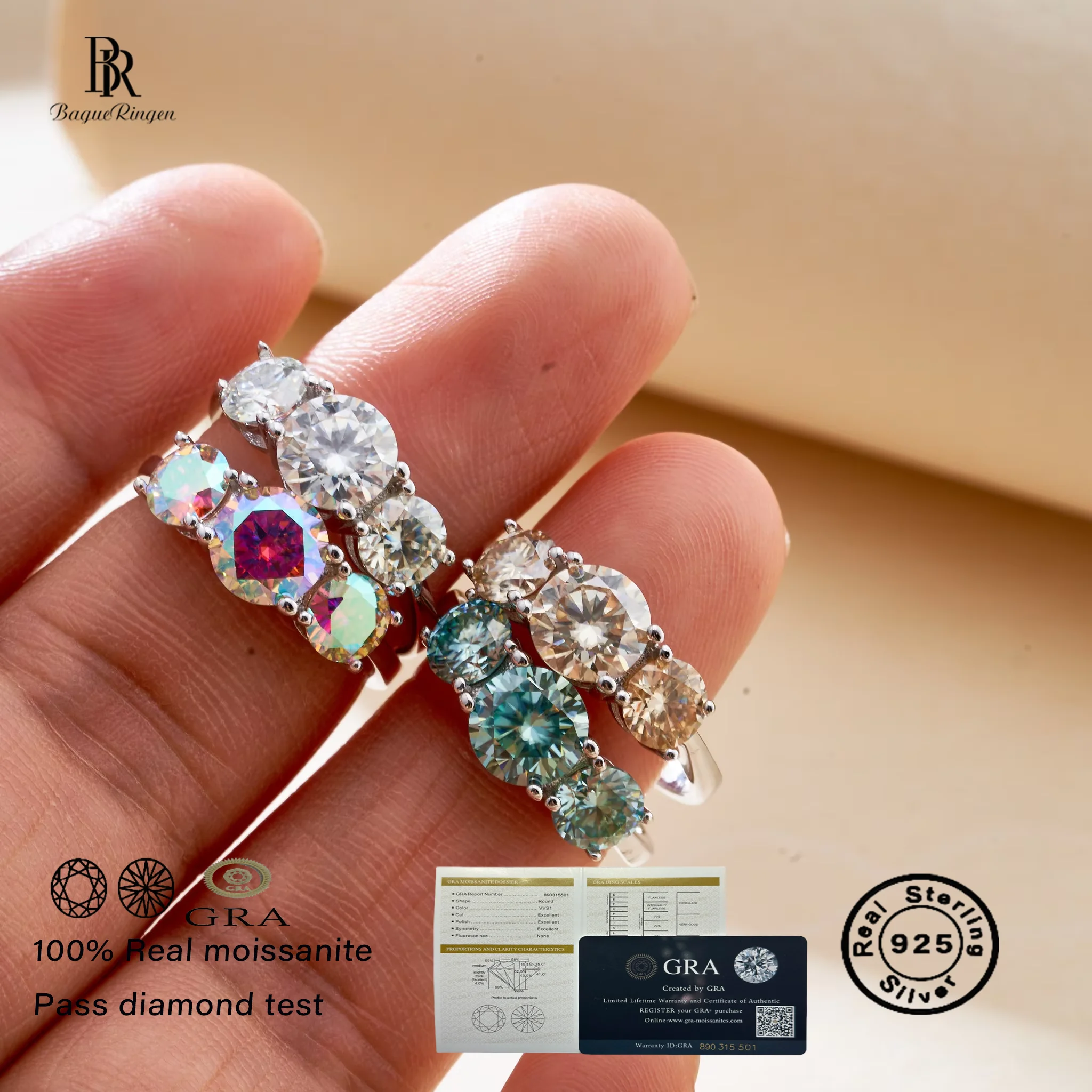 

Total 2.0 carat 925 Silver Ladies Fashion Engagement Rings Round Cut 6.5mm/8mm Moissanite Three Stone Ring for Women Wedding