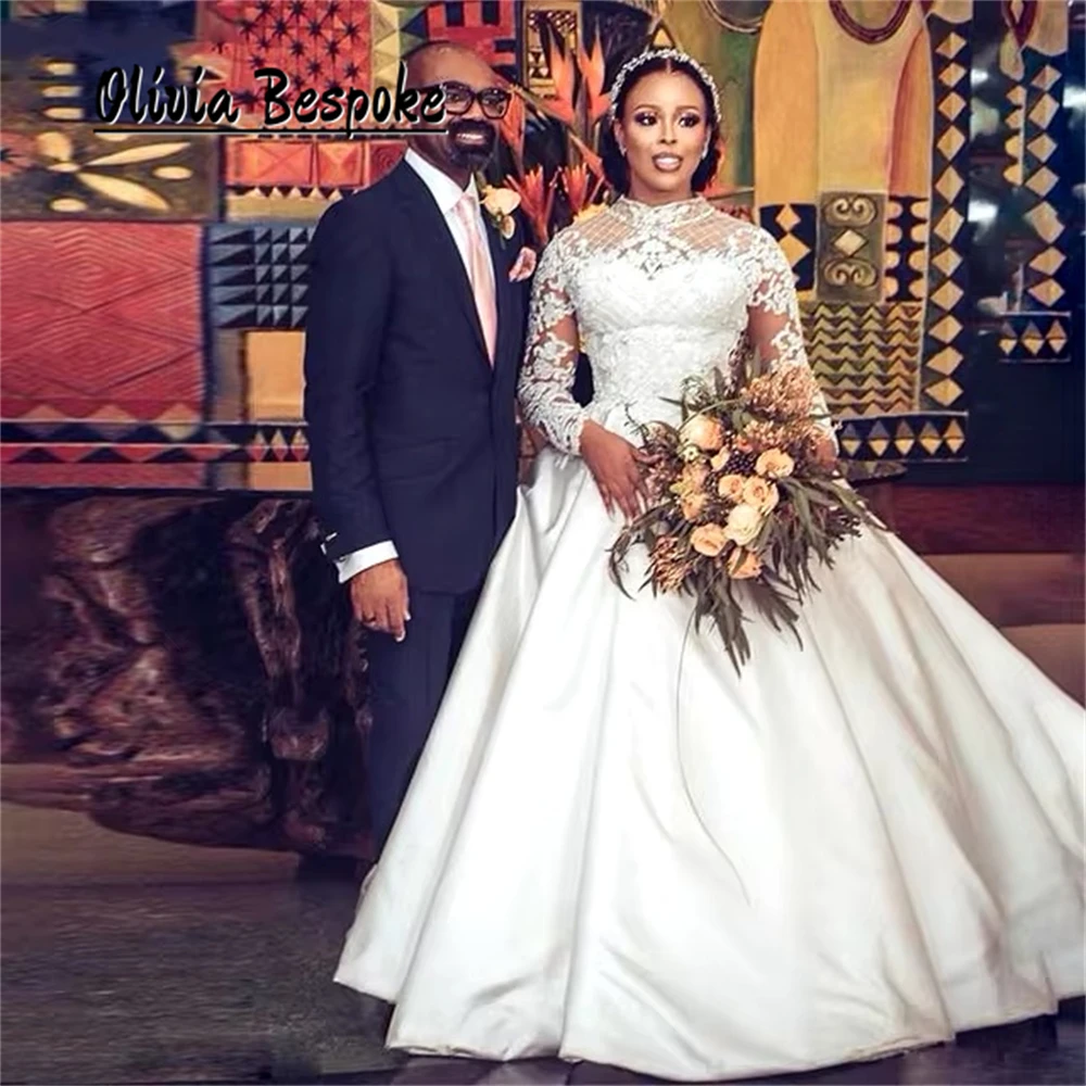 

Aso Ebi Plus Size Satin Wedding Dresses Full Sleeves Beads Applique Crystal African Country Garden Bridal Ball Gowns Customized