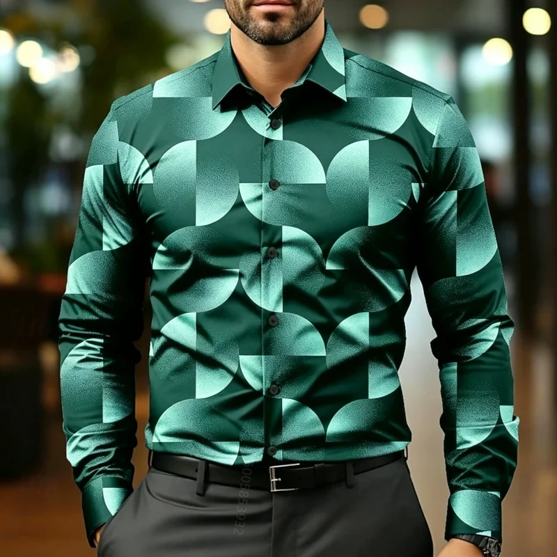 Men's Geometric Half Round 3D Printed Long Sleeve Shirt with Collar Button Open, Casual Versatile Men's Top