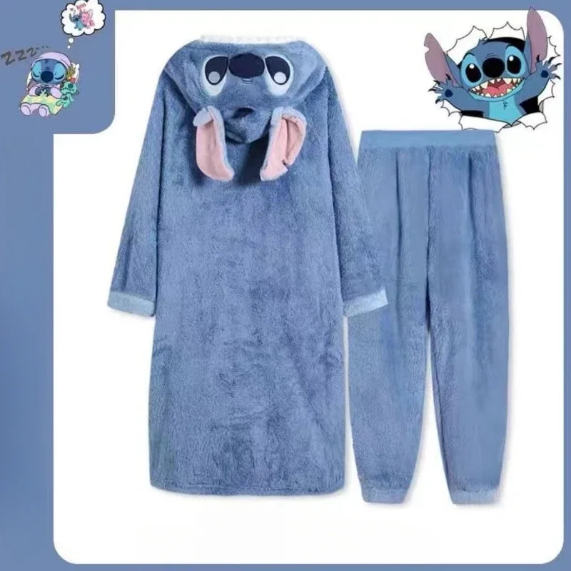 Disney Stitch Angel Lilo and Stitch Cartoon Style Thick Flannel Couple Pajamas Home Clothes Men and Women Can Wear Outer Suit