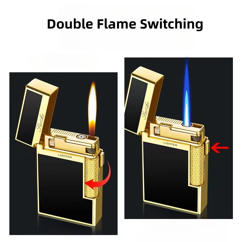 Metal Loud Voice Dual Flame Inflatable Lighter Resin Technology Sideslip Grinding Wheel Ignition Unusual Gas Lighter Men\'s Gifts