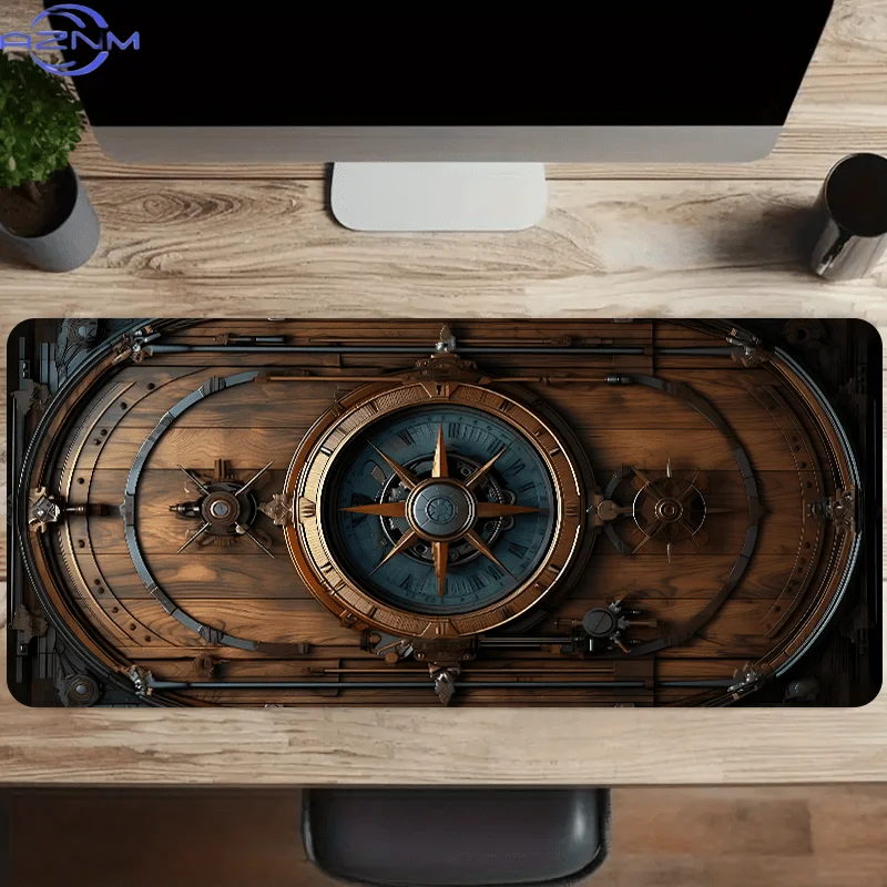 Steampunk Nautical Compass Mousepad, Waterproof Non‑Slip Retro Vintage Gear Wooden Style Mousepad Gaming Office Desktop Decor