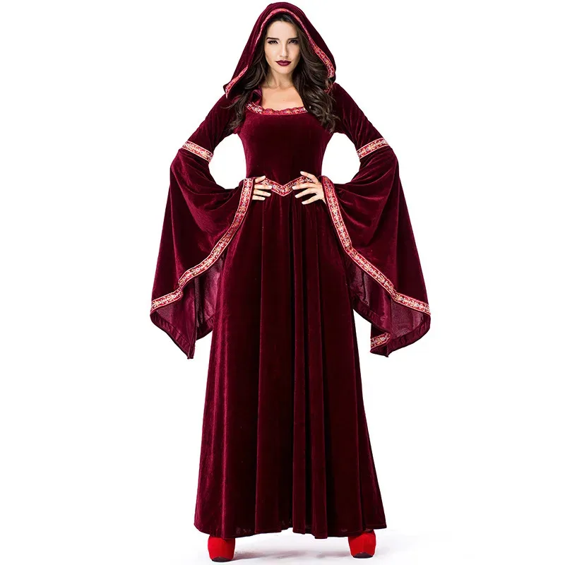 Adult Women Halloween Medieval Vampire Costume Velet Palace Hooded Gothic Witch Dress