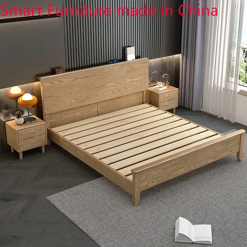 

Nordic ash solid wood bed, double 1.5m, 1.8m, master bedroom, light luxury simple original wood color storage, with light