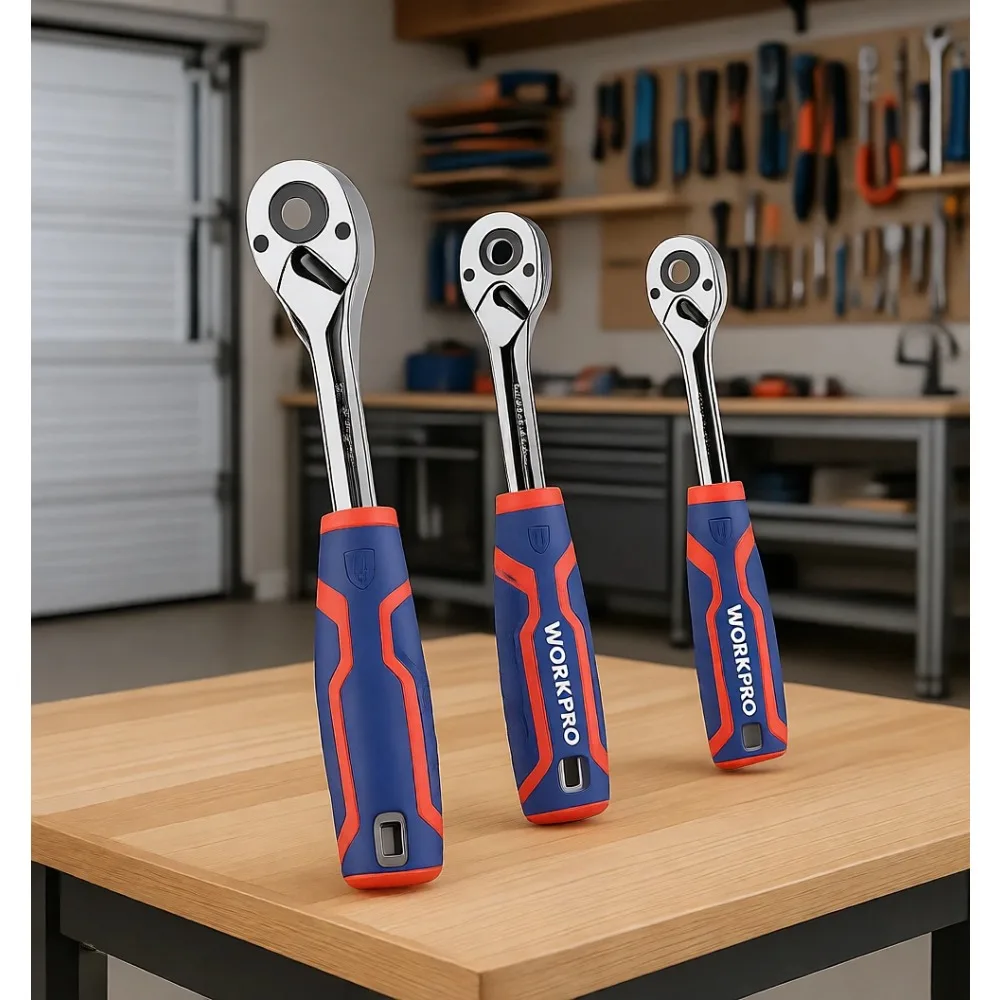 

3-Piece Ratchet Set 1/4 3/8 1/2 Inch Drive Quick Release Reversible 72 Tooth Chrome Alloy