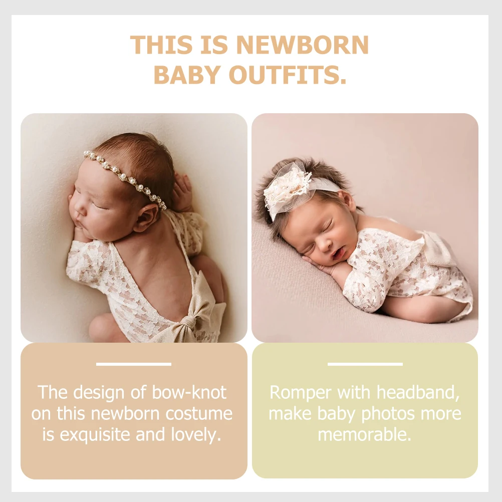 

Bow Lace Romper Headband Newborn Photo Props Summer Outfit Costume 0-6 Months Skin-Friendly Party Gift For Easter Halloween