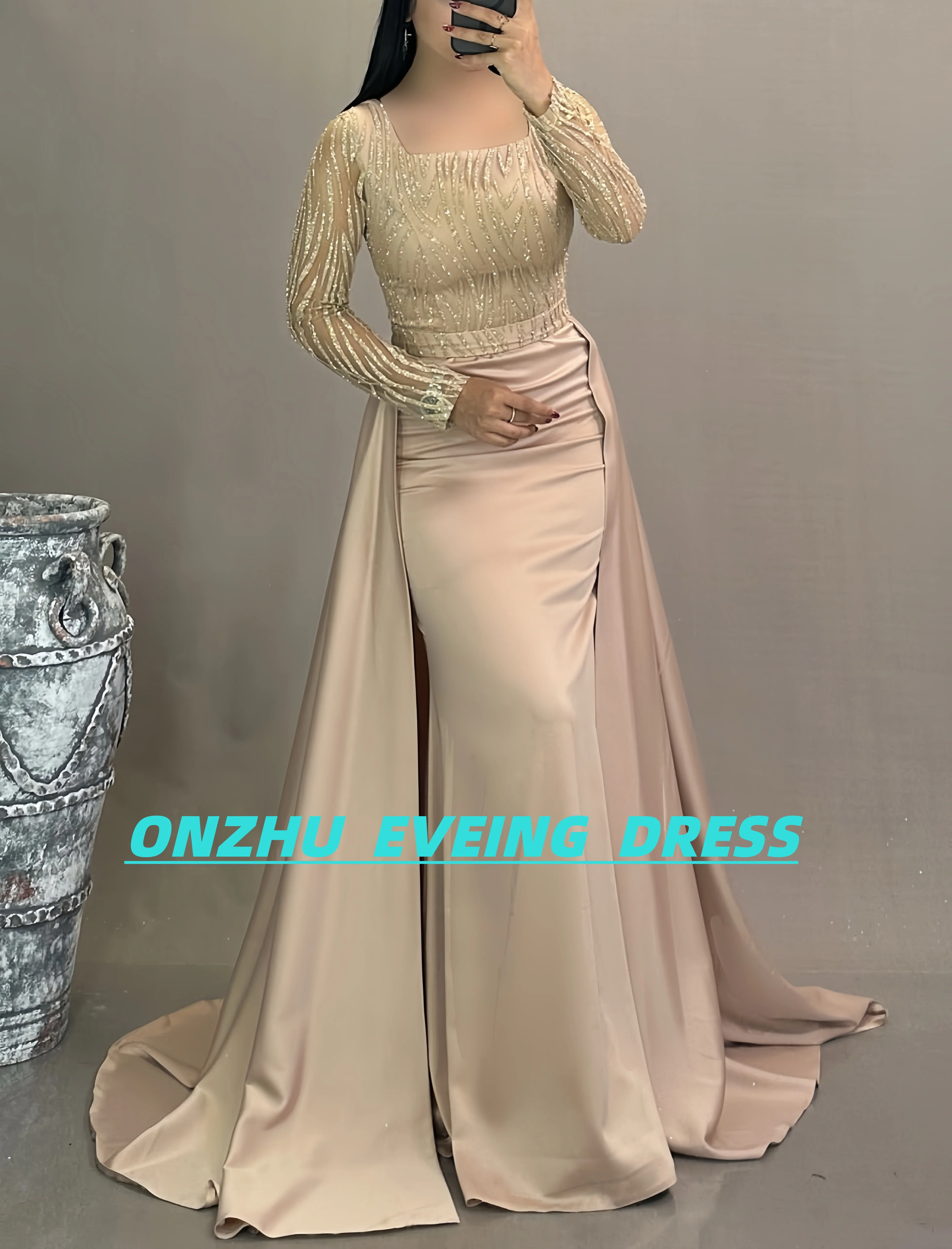 

Customized square collar long sleeve mermaid detachable tail elegant women evening dress dresses for special occasions