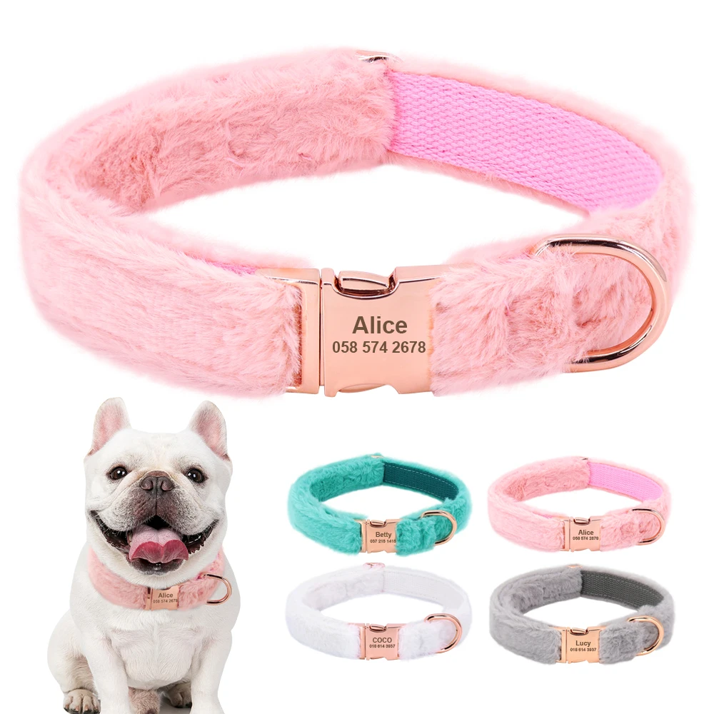 

Personalized Dog Buckle Collar Soft Fur Dogs Collars Anti-lost Engraved Pet Name Plate Warm For Cold Winter Pitbull Pug Necklace