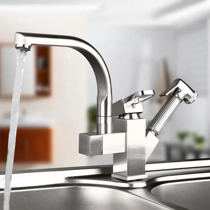 Stretched brushed kitchen faucet hot and cold, Copper dish basin faucet mixer tap, Rotated kitchen sink basin faucet pull down