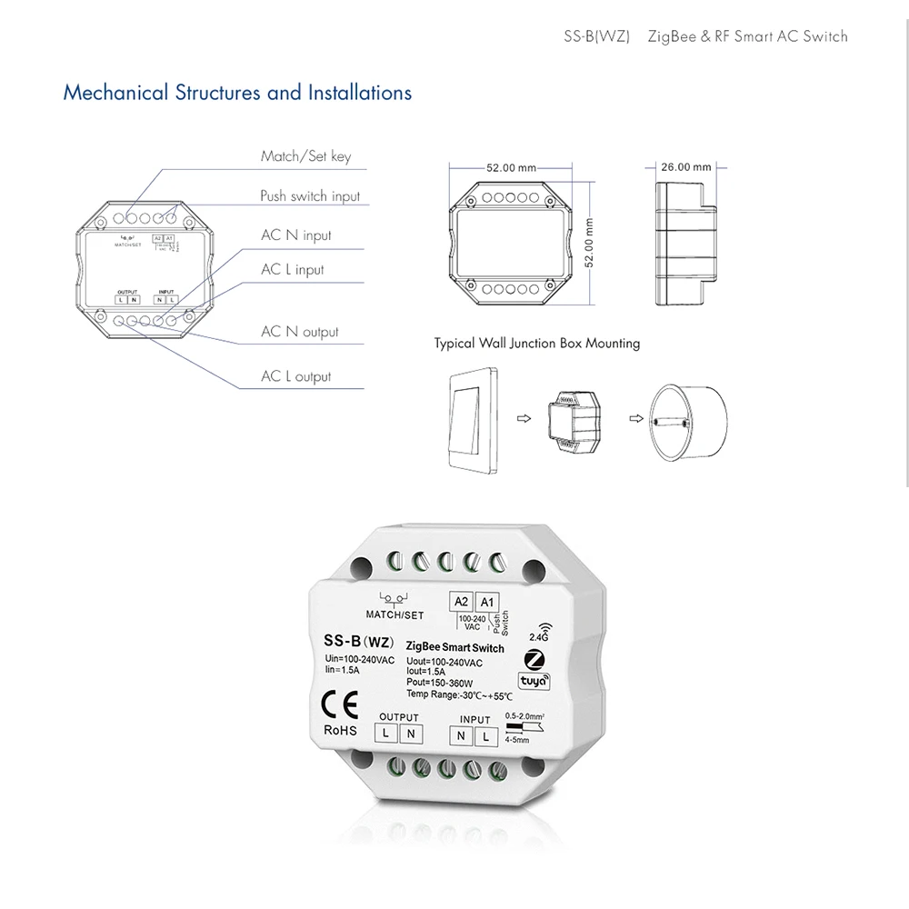 Skydance SS-B(WZ) AC110-220V Smart ZigBee Tuya APP+RF+Push Switch Wireless Remote Control Triac Dim for Non-Dimmable LED light