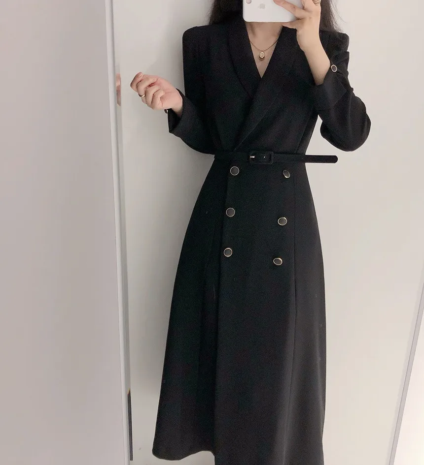 

Women's Long Elegant Double breasted Strap Waist Closing Windbreaker Coat Autumn New Fashionable Commuter Suit Dress trench