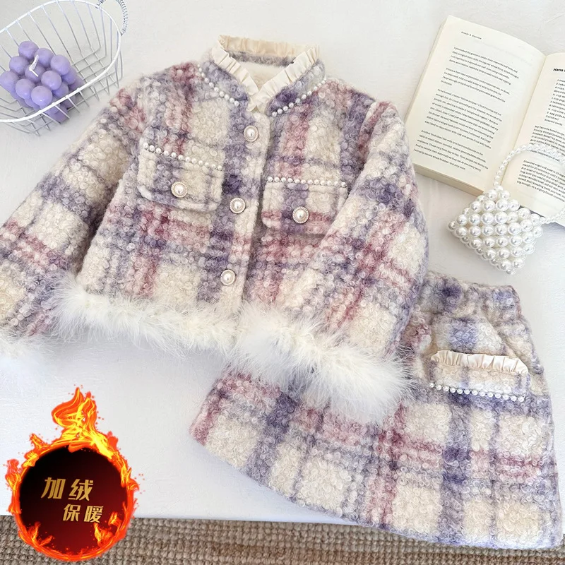 Elegant Kids Beaded Plaid Birthday Princess 2pcs Suits Coats+skirts,Children Clothes Outfits 2026 Baby Girls Winter Clothing Set