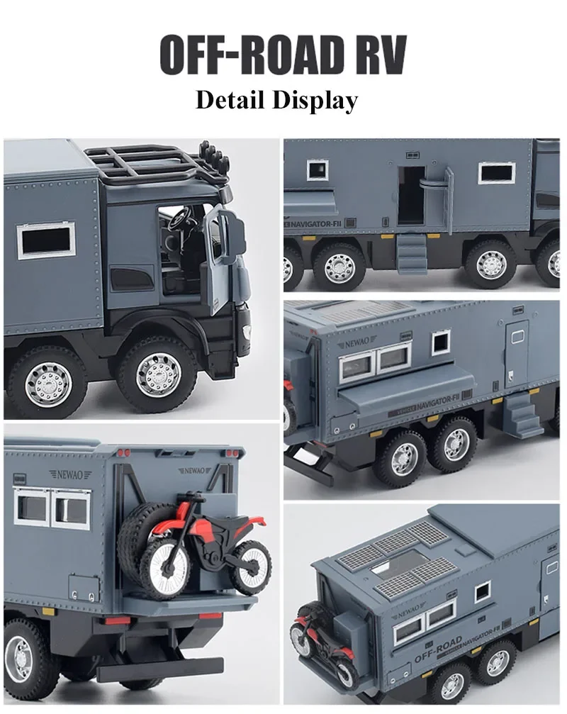 1:24 NOMADISMs-Arocs Unimog Motorhome Car Model Metal Diecast RV Off-Road Touring Vehicles Sound Light Kids Toy Gift