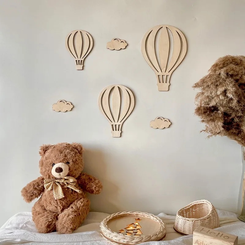 ​​​​​​​Ins Style Wooden 3D Hot Air Balloon Wall Stickers Nursery Room Decor Children Birthday Party Background Wall Decoration