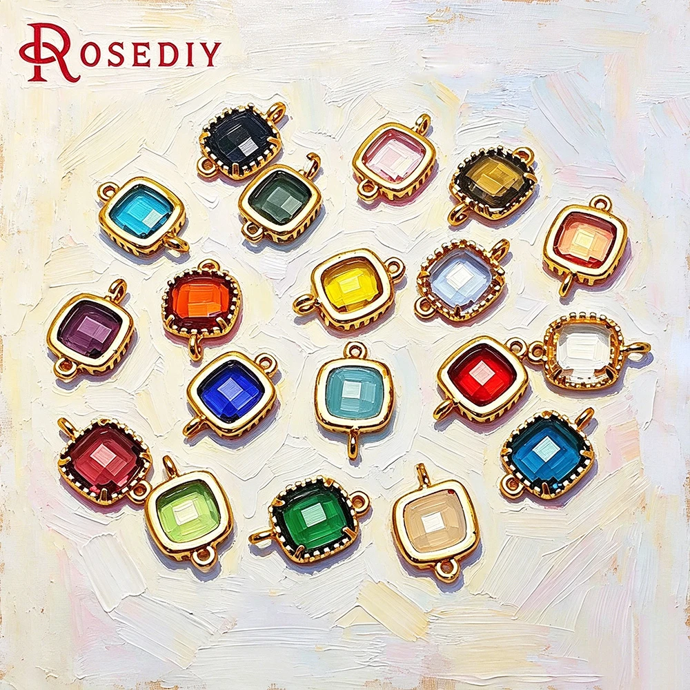

10PCS 9x14MM 18K Gold Color Brass and Glass Square 2 Holes Connect Charms Pendants High Quality Jewelry Diy Accessories