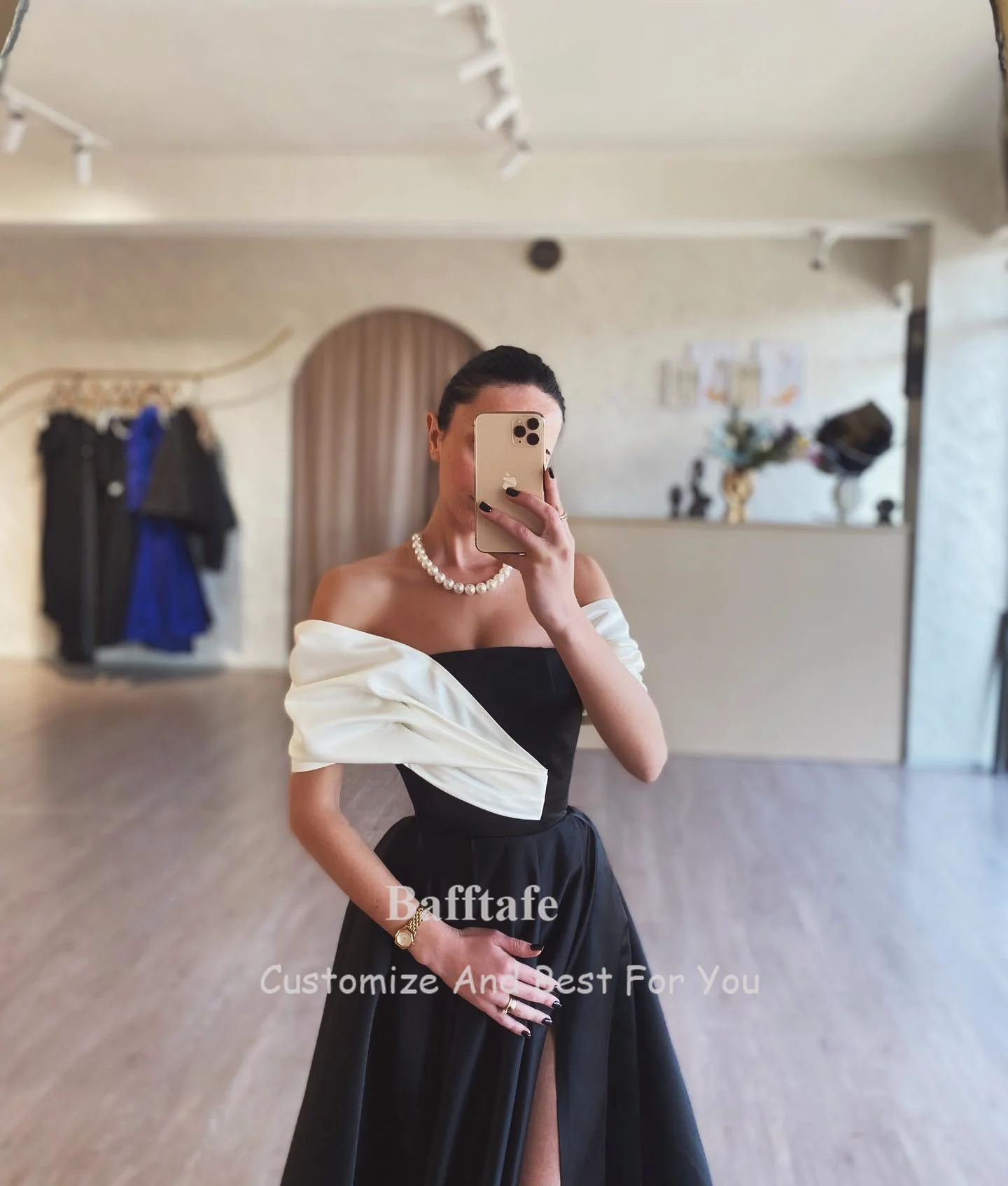 Black A Line Satin Prom Dresses Customized Saudi Arabic Women Outfits Off Shoulder Slit Evening Dress Formal Night Party Gowns