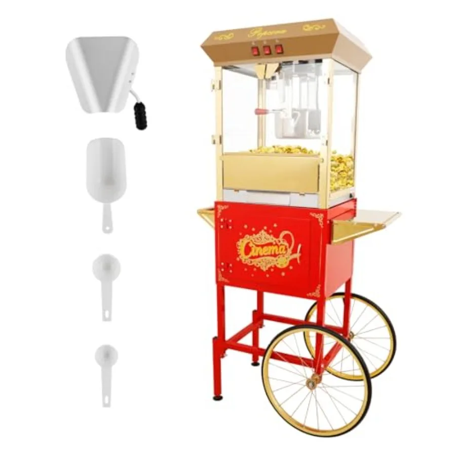 

Профессиональная машина для попкорна с тележкой для кинотеатров и мероприятий, емкость 16 унций, 3-позиционное управление, двери из закаленного стекла, винтажный дизайн