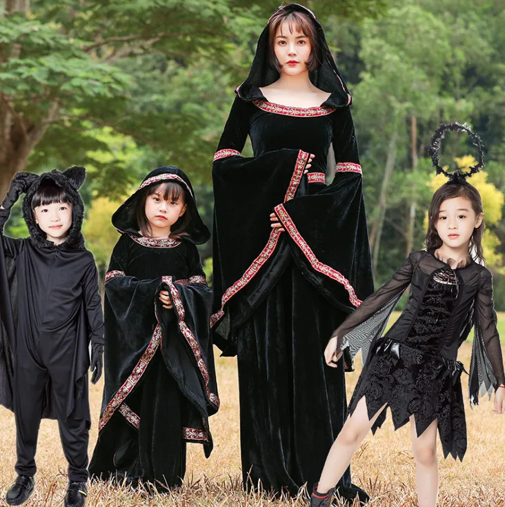 

Хэллоуин Косплей Костюм Ведьмы Винтаж Суд Детский Бог Смерти Летучая Мышь Ролевой Плайн Одежда Для Батьев и Детей Женская Fas...