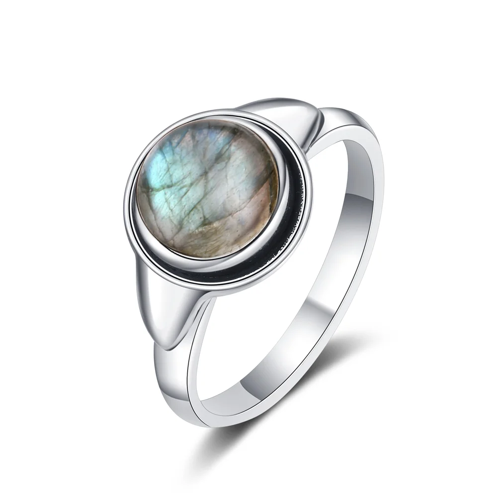 Simple Ring Jewelry Natural Labradorite S925 Silver Round Tiger Eye Moonstone Ring for Women Wedding Party Luxury Gift