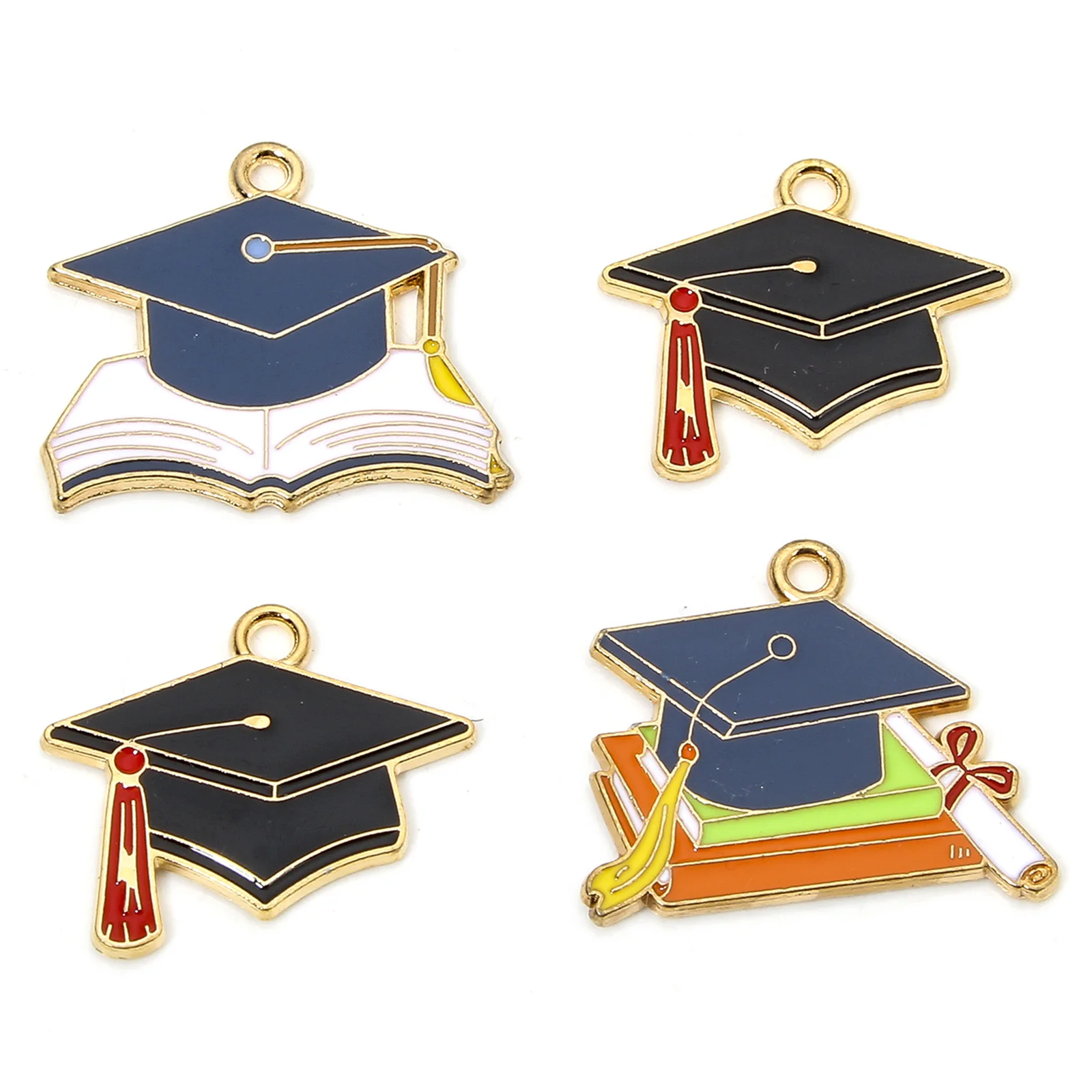 10pcs New College Jewelry Charms Multicolor Trencher Cap Enamel Gold Color Metal Pendants DIY Necklace Bracelet Jewelry Findings