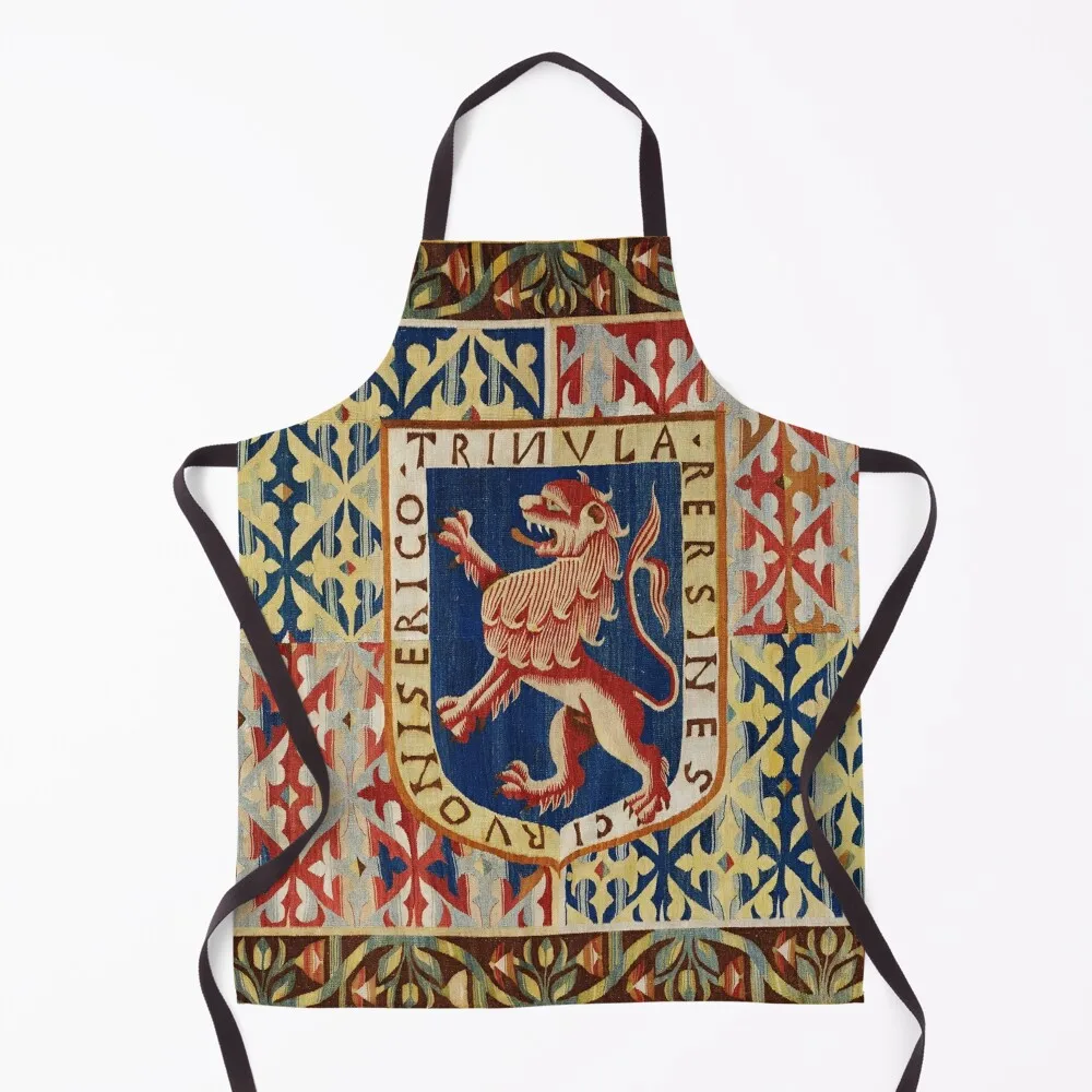 ANTIQUE FLEMISH HERALDIC TAPESTRY WITH RAMPANT LION Red Blue Yellow Hues Apron Chef Uniform Woman kitchen utensil Apron