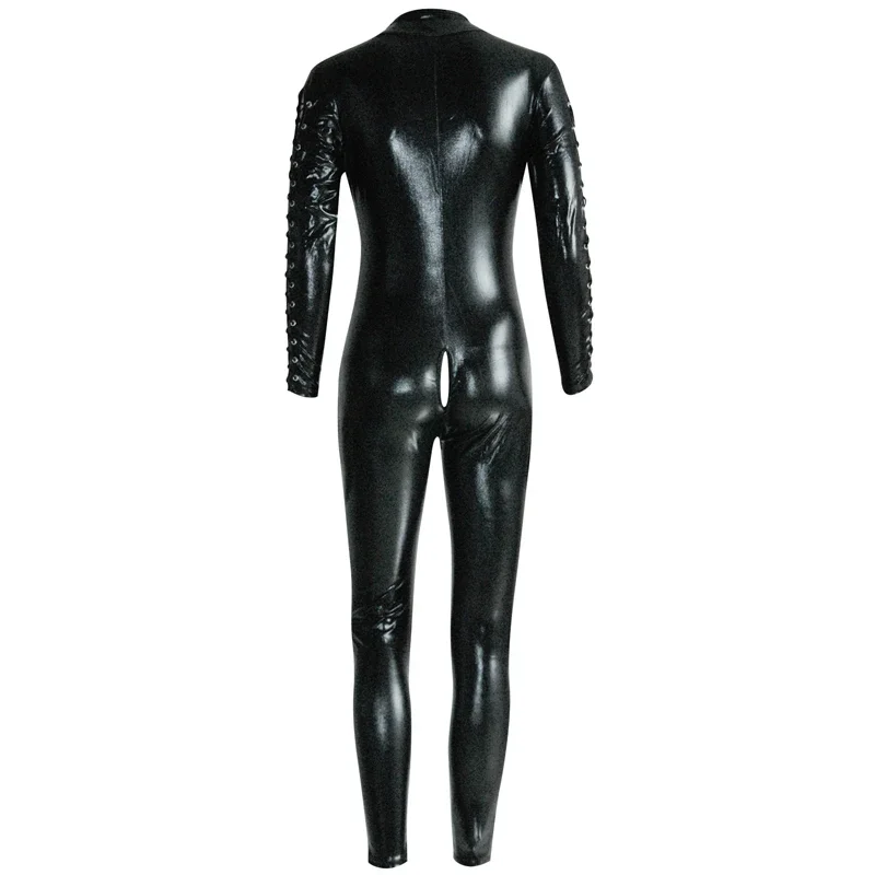 Combinaison en cuir pour femme, combinaison Catsuit, batterie, Wetlook Romper, manches longues