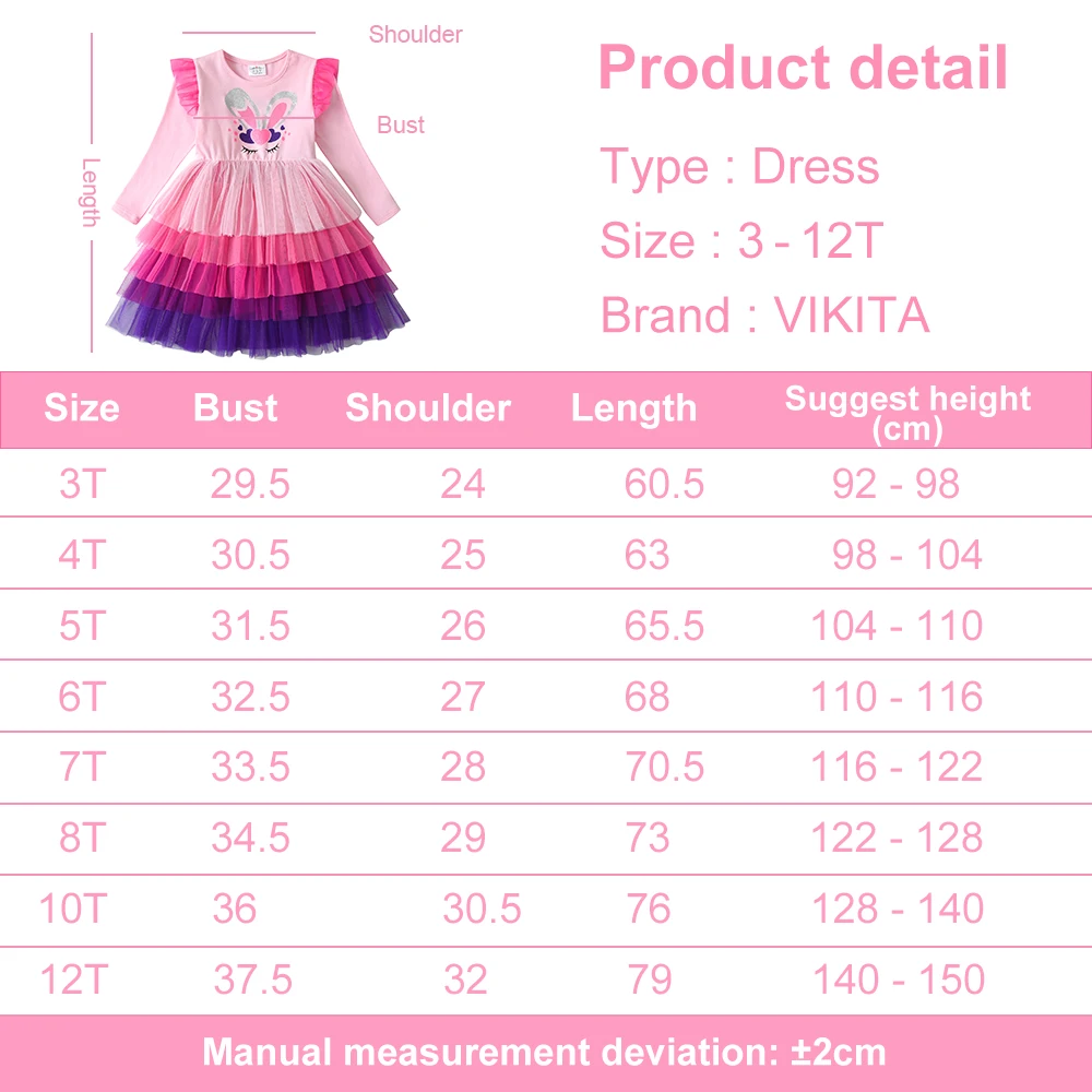 VIKITA Girls Rabbit Cartoon Print Dresses Kids Spring Autumn Long Sleeve Dress Girls Pink Layered Mesh Tulle Princess Vestidos