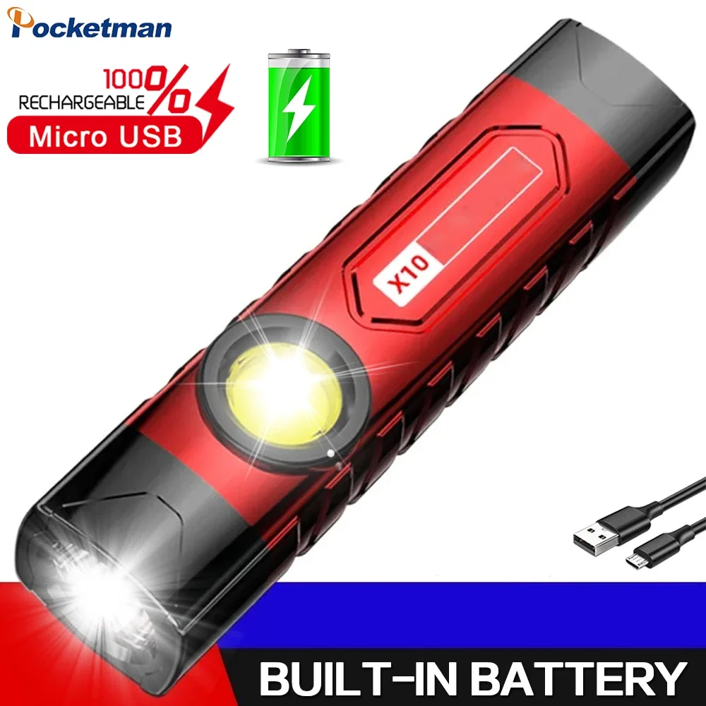 

Portable Bright LED Flashlight Built-in Battery USB Rechargeable Lanterna Pocket Hand Light Mini Torch With Side Light