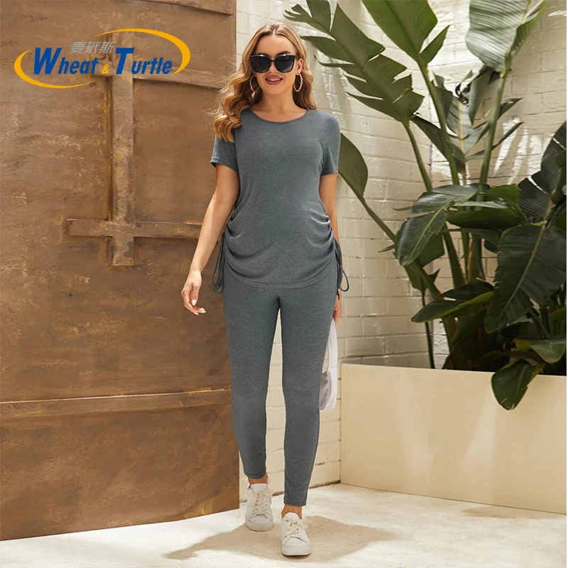 New Arrival Maternity Clothing Set Round Neck Short Sleeve Tops Long Pants Soft Breathable Pregnancy Sports Wear for New Mom