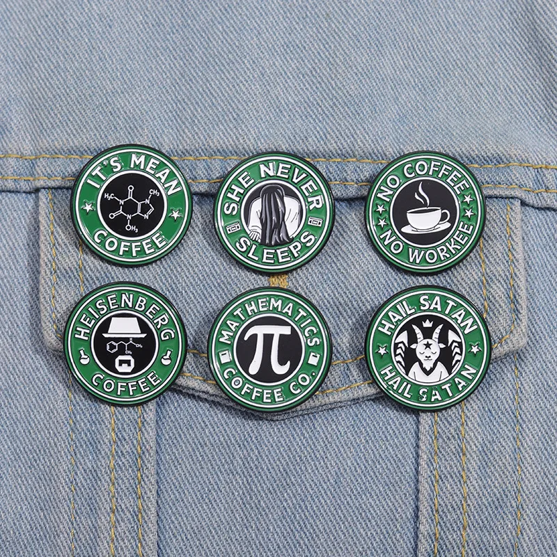 Creative Green Round Coffee Brooch Cat Robot Jesus Dinosaur Witch Car Coffee Chemical Elements Cartoon Badge Punk Pins Jewelry