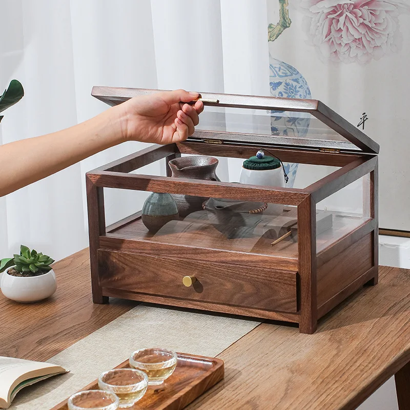 

New Chinese transparent glass storage cabinet, black walnut desktop storage box, solid wood with drawer, tea storage display box