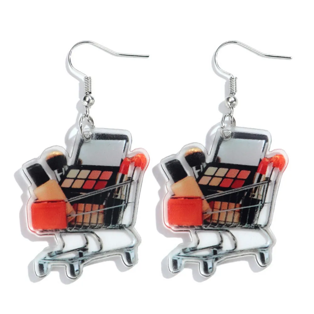 Funny Mini Shopping Cart Shaped Acrylic Drop Earrings Lipstick Cosmetics Shopping Cart Dangle Earring Charm Jewelry Accessory